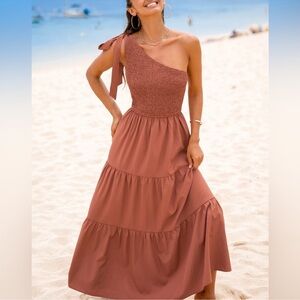 Cupshe One-Shoulder Tiered Maxi Dress in Rust NWT